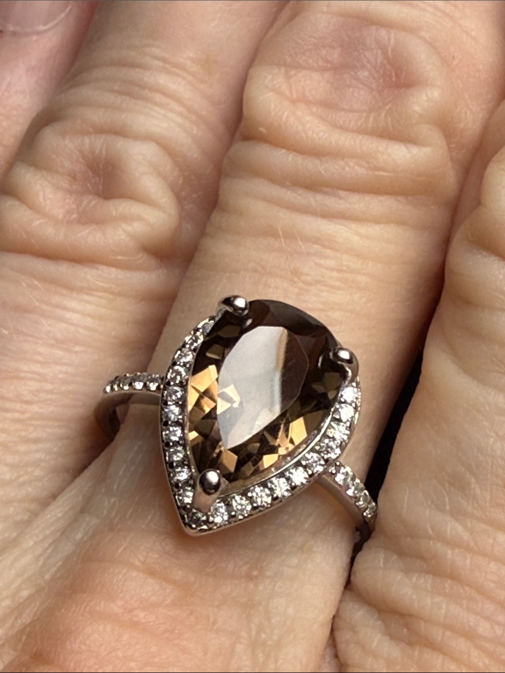 3CT Smoky Quartz Teardrop Halo Ring MOISSANITE DIAMONDS 925 Sterling Silver